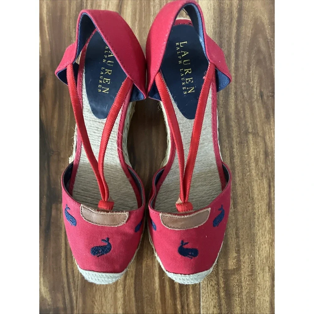 Women's Ralph Lauren Cala Wedge Sandal Espadrilles Size 8 Red, Navy Whales